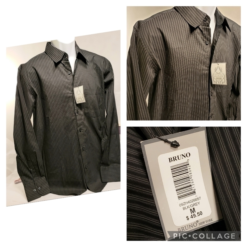 Bruno New York Men’s Stripe Button Up NWT Shirt M Grey Black